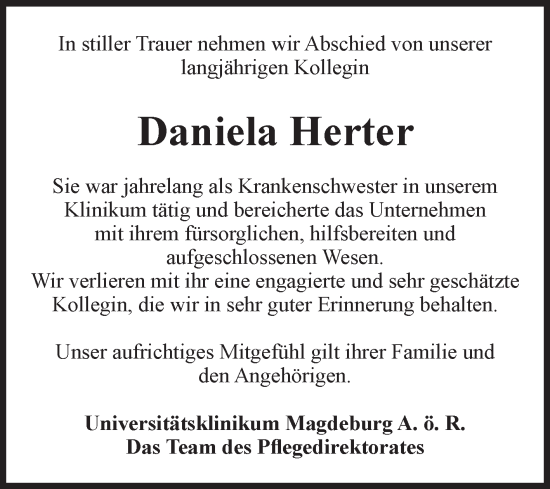 Traueranzeige von Daniela Herter von Volksstimme Magdeburg