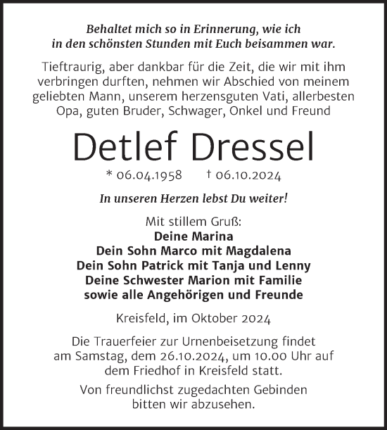 Traueranzeige von Detlef Dressel von Trauerkombi Mansfelder Land