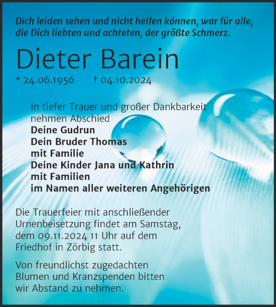 Traueranzeige von Dieter Barein von Trauerkombi Bitterfeld