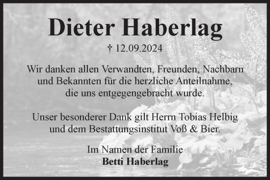 Traueranzeige von Dieter Haberlag von Volksstimme Wernigerode