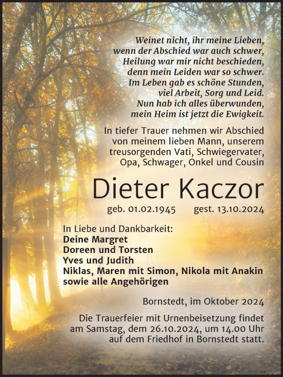 Traueranzeige von Dieter Kaczor von Trauerkombi Mansfelder Land
