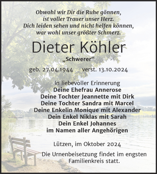 Traueranzeige von Dieter Köhler von Trauerkombi Weißenfels