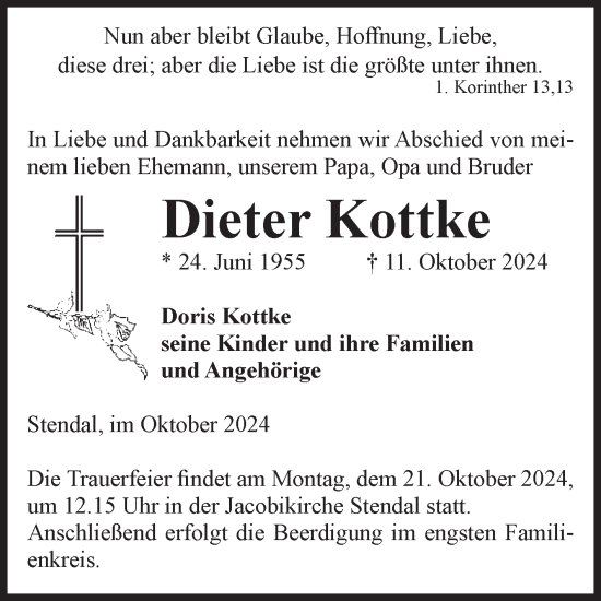 Traueranzeige von Dieter Kottke von Volksstimme Altmark Ost