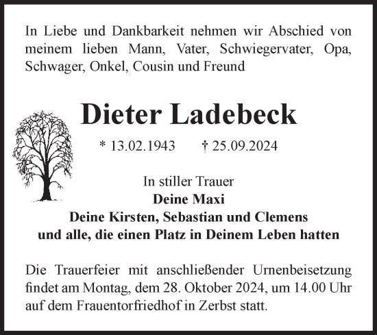 Traueranzeige von Dieter Ladebeck von Volksstimme Zerbst