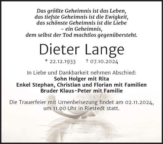Traueranzeige von Dieter Lange von Trauerkombi Sangerhausen