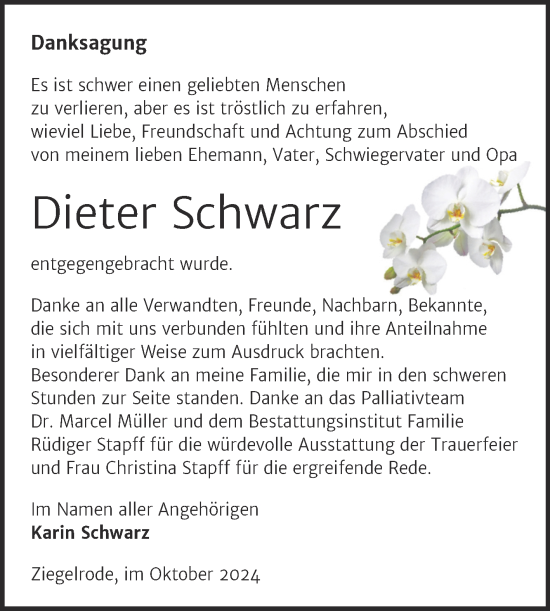 Traueranzeige von Dieter Schwarz von Trauerkombi Mansfelder Land