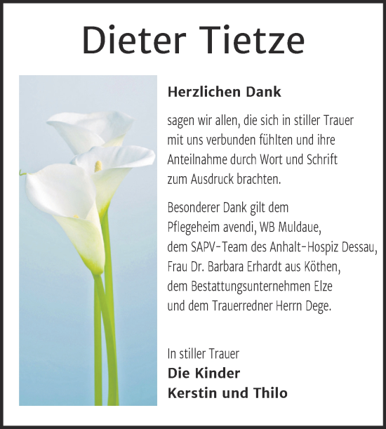 Traueranzeige von Dieter Tietze von Trauerkombi Dessau