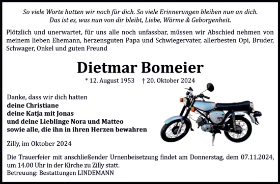 Traueranzeige von Dietmar Bomeier von Volksstimme Halberstadt