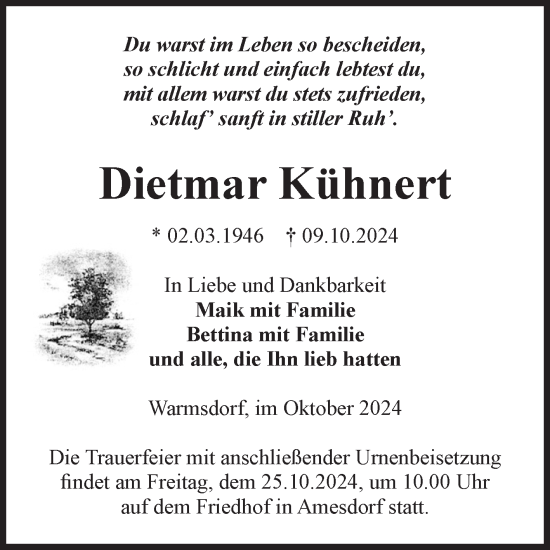 Traueranzeige von Dietmar Kühnert von Volksstimme Staßfurt