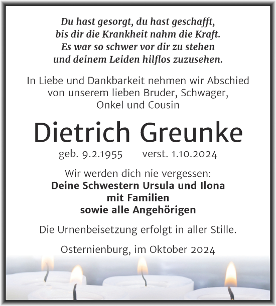 Traueranzeige von Dietrich Greunke von Trauerkombi Köthen