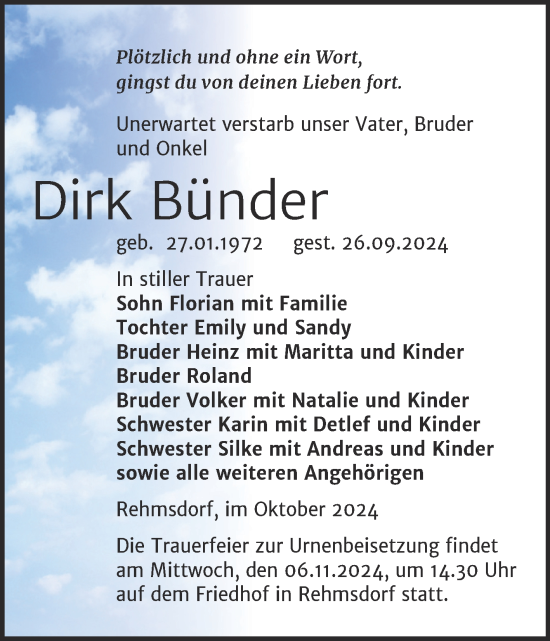Traueranzeige von Dirk Bünder von Trauerkombi Zeitz