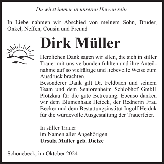 Traueranzeige von Dirk Müller von Volksstimme Schönebeck