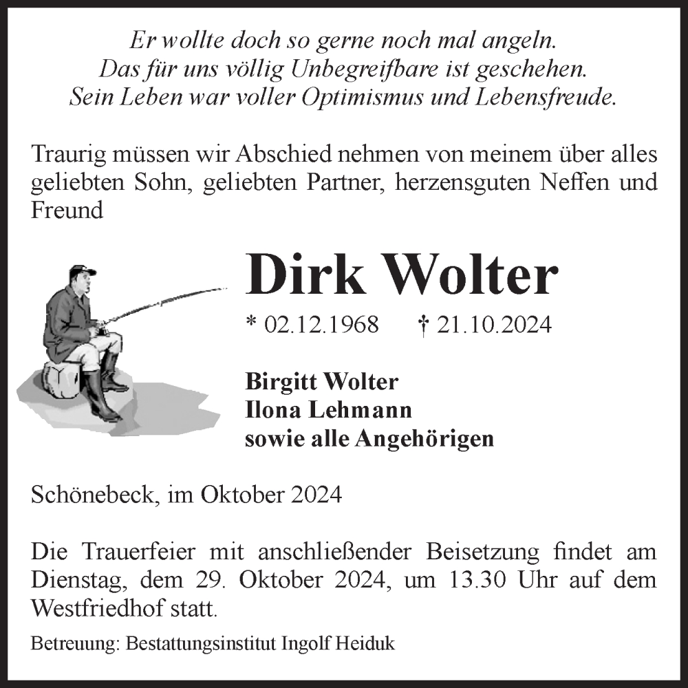  Traueranzeige für Dirk Wolter vom 26.10.2024 aus Volksstimme Schönebeck