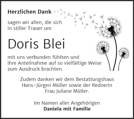 Traueranzeige von Doris Blei von Trauerkombi Aschersleben