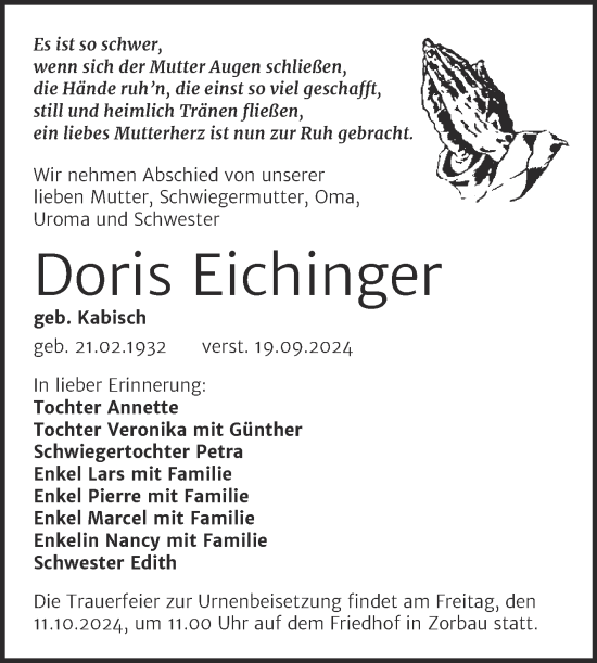 Traueranzeige von Doris Eichinger von Trauerkombi Weißenfels
