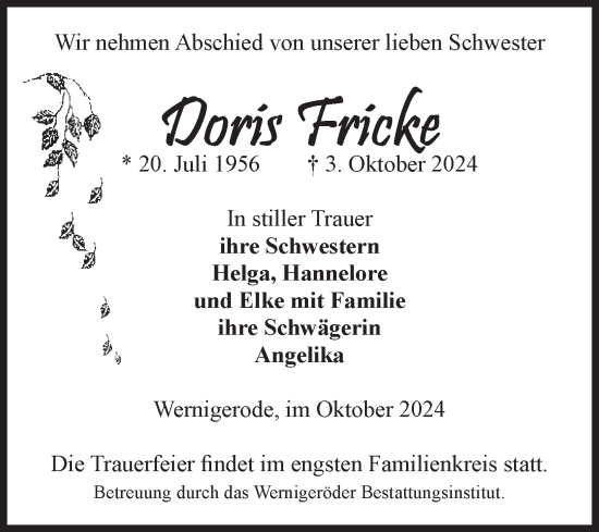 Traueranzeige von Doris Fricke von Volksstimme Wernigerode