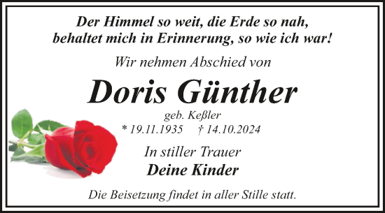 Traueranzeige von Doris Günther von Trauerkombi Dessau