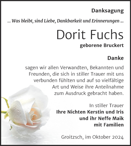 Traueranzeige von Dorit Fuchs von Trauerkombi Weißenfels