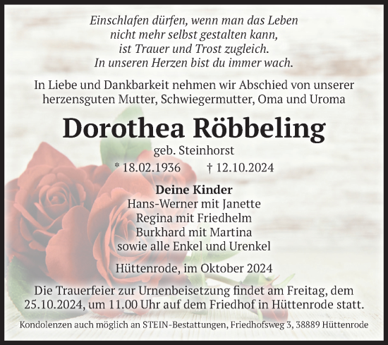Traueranzeige von Dorothea Röbbeling von Volksstimme Wernigerode