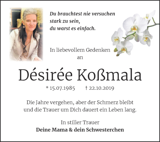 Traueranzeige von Désirée Koßmala von Trauerkombi Dessau