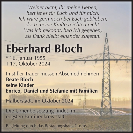 Traueranzeige von Eberhard Bloch von Volksstimme Halberstadt