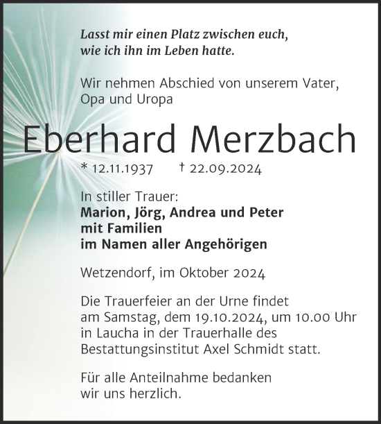 Traueranzeige von Eberhard Merzbach von Super Sonntag Naumburg/Nebra
