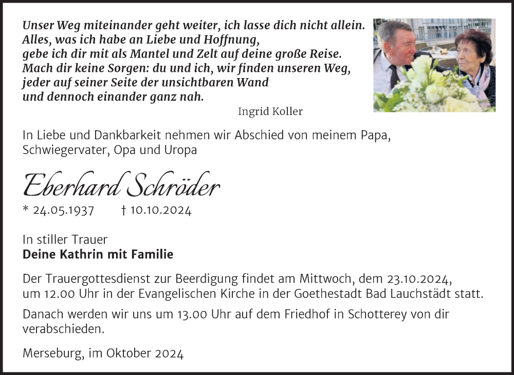  Traueranzeige für Eberhard Schröder vom 16.10.2024 aus Trauerkombi Merseburg