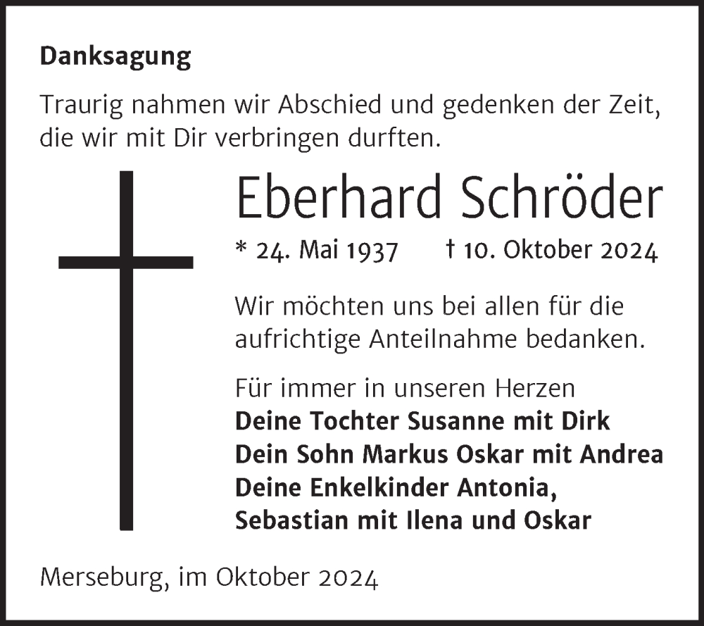  Traueranzeige für Eberhard Schröder vom 24.10.2024 aus Trauerkombi Merseburg