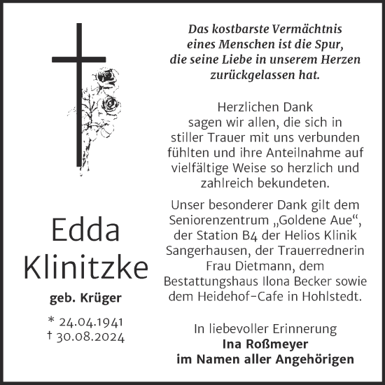 Traueranzeige von Edda Klinitzke von Trauerkombi Sangerhausen