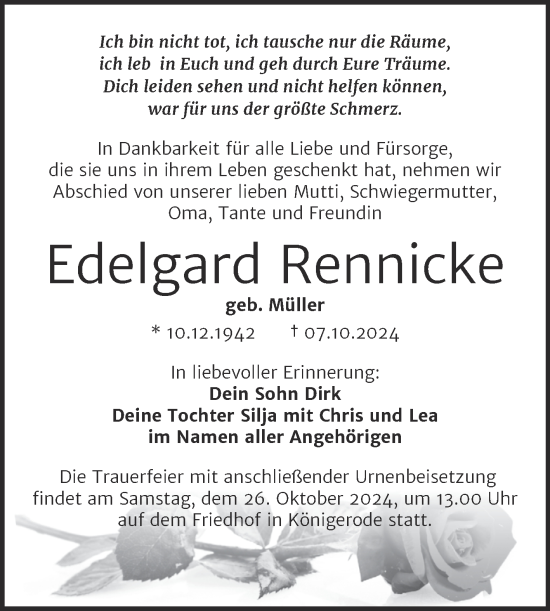 Traueranzeige von Edelgard Rennicke von Trauerkombi Quedlinburg