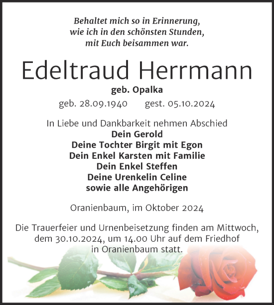 Traueranzeige von Edeltraud Herrmann von Trauerkombi Wittenberg