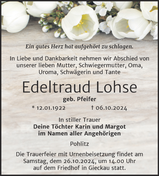 Traueranzeige von Edeltraud Lohse von Naumburger Tageblatt