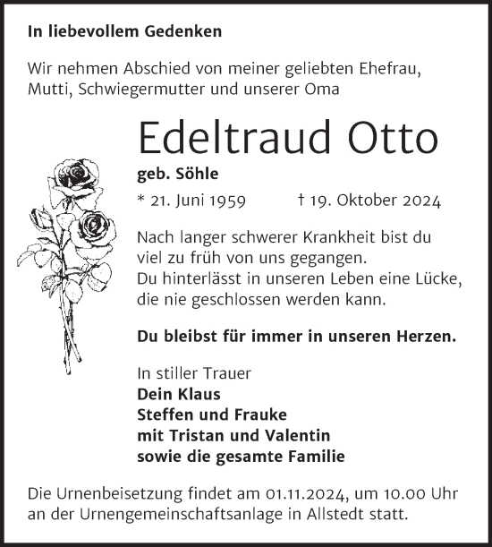 Traueranzeige von Edeltraud Otto von Trauerkombi Sangerhausen