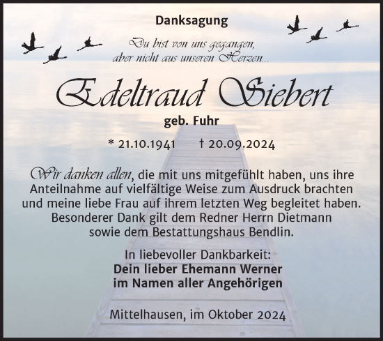 Traueranzeige von Edeltraud Siebert von Trauerkombi Sangerhausen