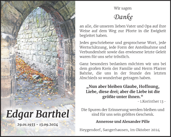 Traueranzeige von Edgar Barthel von Trauerkombi Sangerhausen
