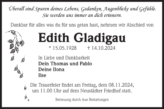 Traueranzeige von Edith Gladigau von Volksstimme Magdeburg