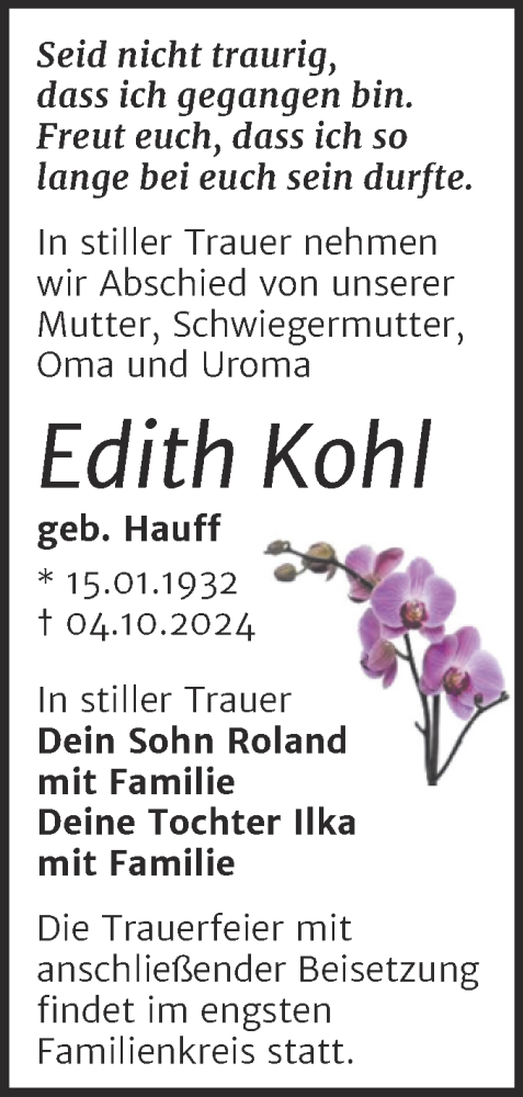 Traueranzeige von Edith Kohl von Trauerkombi Bitterfeld