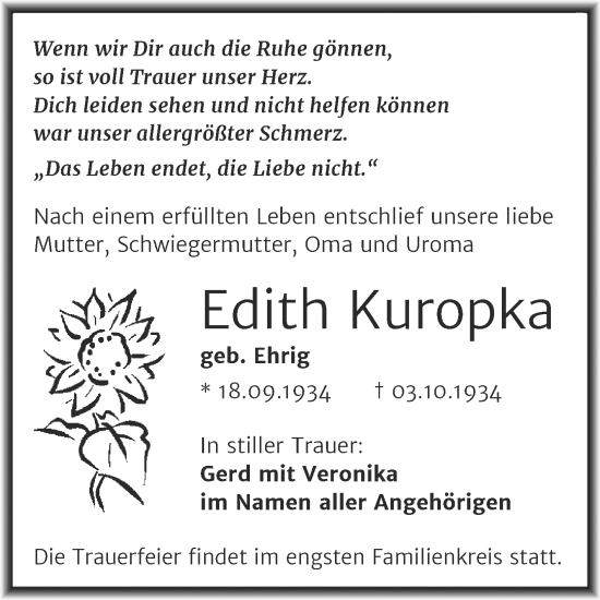 Traueranzeige von Edith Kuropka von Trauerkombi Sangerhausen