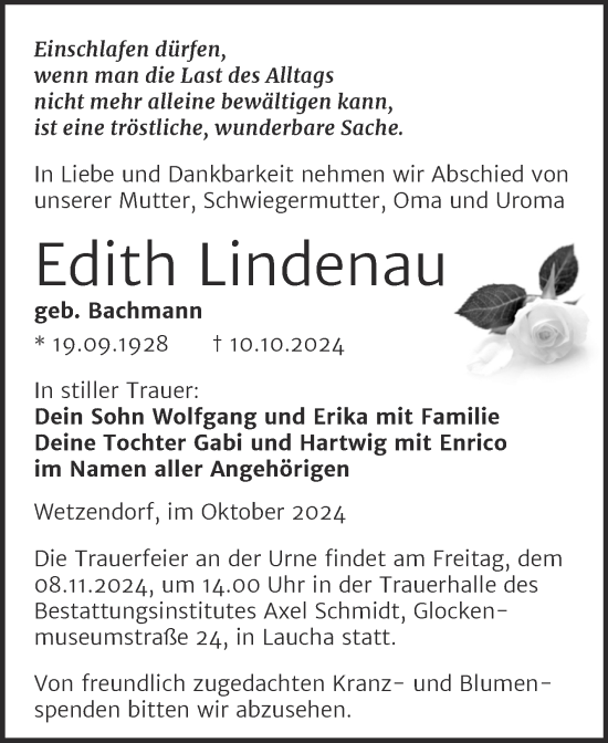 Traueranzeige von Edith Lindenau von Naumburger Tageblatt