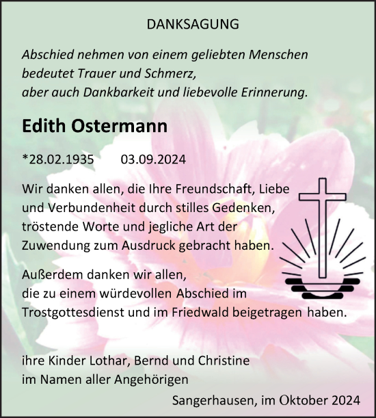 Traueranzeige von Edith Ostermann von Trauerkombi Sangerhausen