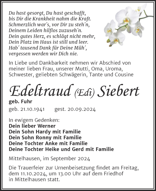 Traueranzeige von Eiettraud Siebert von Trauerkombi Sangerhausen