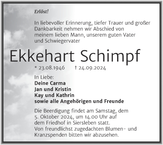 Traueranzeige von Ekkehart Schimpf von Trauerkombi Mansfelder Land