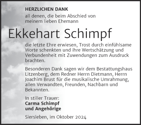 Traueranzeige von Ekkehart Schimpf von Trauerkombi Mansfelder Land