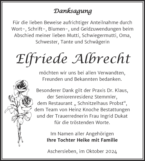 Traueranzeige von Elfriede Albrecht von Trauerkombi Aschersleben