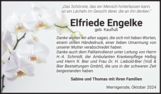 Traueranzeige von Elfriede Engelke von Volksstimme Wernigerode