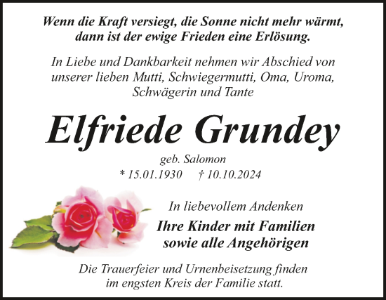 Traueranzeige von Elfriede Grundey von Trauerkombi Dessau
