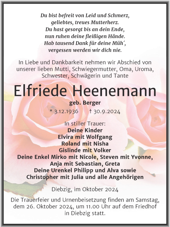 Traueranzeige von Elfriede Heenemann von Trauerkombi Köthen