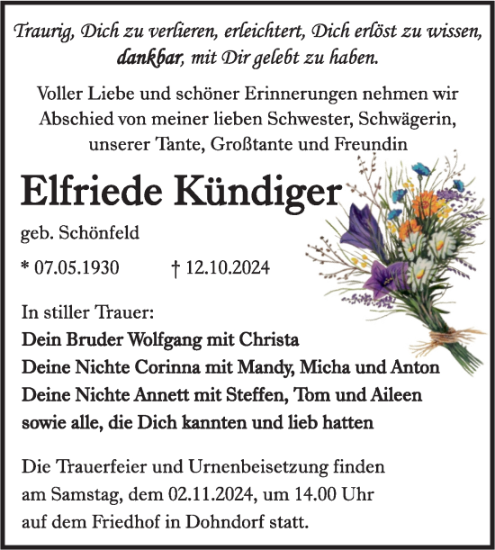 Traueranzeige von Elfriede Kündiger von Trauerkombi Köthen