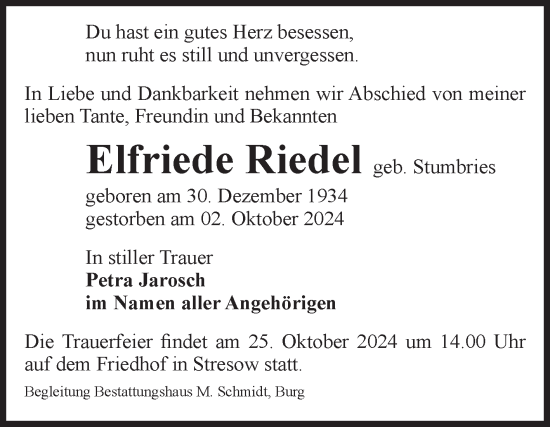 Traueranzeige von Elfriede Riedel von Volksstimme Burg/Genthin