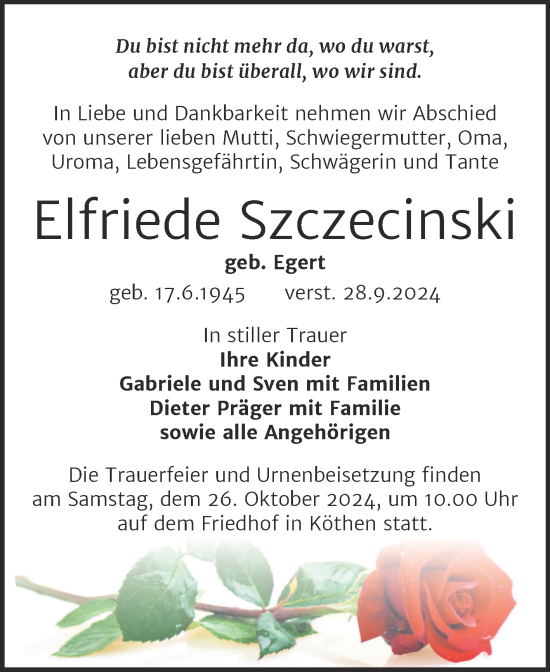 Traueranzeige von Elfriede Szczecinski von Trauerkombi Köthen